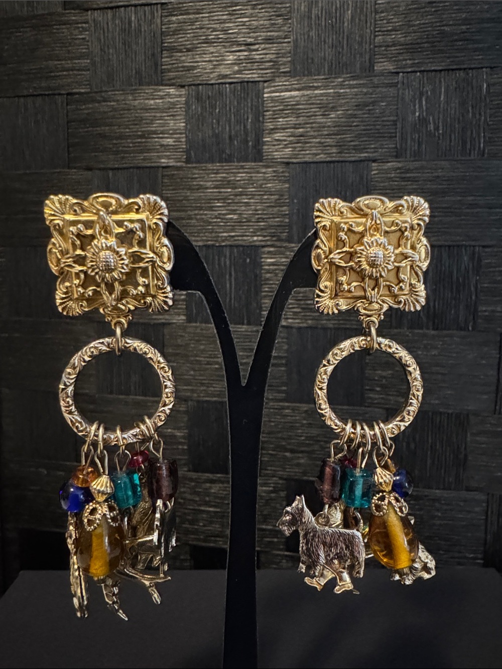 Gold-Tone Multi Charm Drop Earrings with Colorful Beads